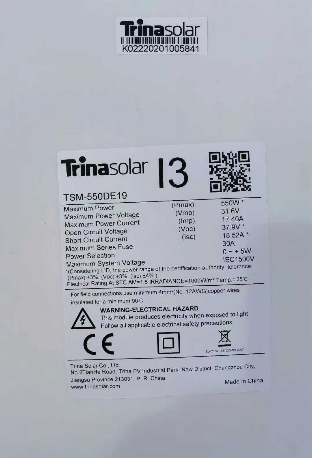 Panneau solaire Trina 550w 560w Vente chaude monocristalline 545w en Europe